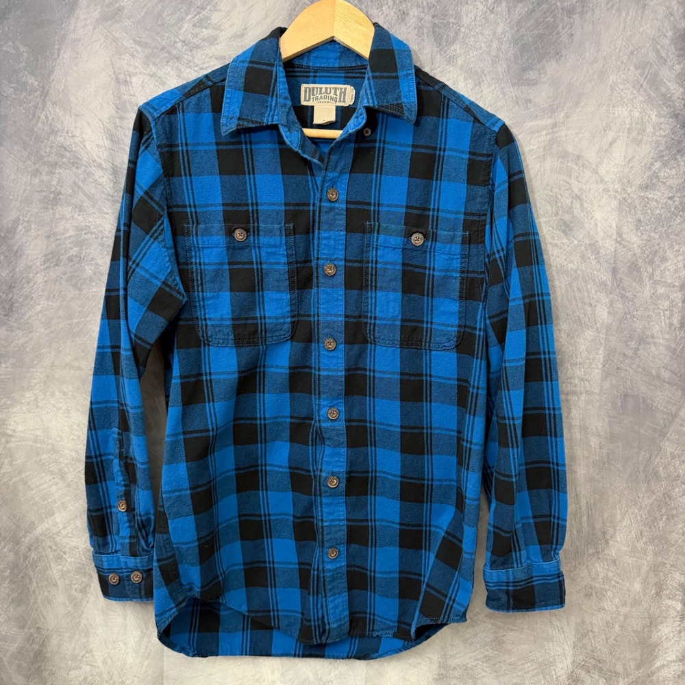 Duluth Trading Blue Black Plaid Flannel Shirt Mens Small Trim Fit Workwear Cabin